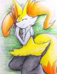  2020 ambiguous_gender big_ears blush braixen chest_tuft cute_expression eiroru fluffy fluffy_tail front_view fur hi_res hip_tuft holding_object inner_ear_fluff long_tail lying multicolored_body multicolored_fur multicolored_tail nintendo on_back pok&eacute;mon pok&eacute;mon_(species) portrait red_eyes ribbons semi-anthro shoulder_tuft simple_background sleeping smile solo stick traditional_media_(artwork) tuft video_games white_body white_fur 