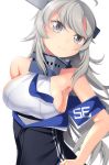  1girl ahoge bangs bare_shoulders breasts closed_mouth dress frown headgear highres kantai_collection long_hair medium_breasts off_shoulder silver_eyes silver_hair simple_background solo underwear washington_(kantai_collection) white_background yasume_yukito 