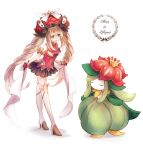 1girl black_skirt blue_eyes boots byuura_(sonofelice) character_name crossover fate/grand_order fate_(series) frilled_hat frills gen_5_pokemon gloves hat holding holding_ribbon knee_boots large_hat lilligant long_hair marie_antoinette_(fate/grand_order) pokemon pokemon_(creature) red_gloves red_headwear ribbon shadow silver_hair skirt twintails very_long_hair white_background white_footwear white_ribbon 