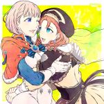  2girls annette_fantine_dominic annette_fantine_dominic_(cosplay) blonde_hair blue_eyes capelet cosplay earrings fire_emblem fire_emblem:_three_houses gloves hat hug jewelry looking_at_another mercedes_von_martritz mercedes_von_martritz_(cosplay) multiple_girls orange_hair ribbon short_hair totototope upper_body 