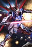  asteroid beam_saber blue_eyes explosion flying glowing glowing_eyes gundam gundam_seed gundam_seed_destiny highres holding holding_sword holding_weapon impulse_gundam looking_down lotz mecha mechanical_wings no_humans open_hand shield solo space sword v-fin weapon wings 
