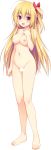  1girl absurdres ahoge artist_request barefoot blank_censor blonde_hair blush breasts censored completely_nude copyright_request eyebrows_visible_through_hair full_body highres large_breasts long_hair looking_at_viewer navel nipples nude one_side_up open_mouth red_eyes standing 