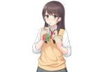  blush brown_hair drink food green_eyes long_hair nakamura_sumikage original school_uniform shirt third-party_edit tie white 