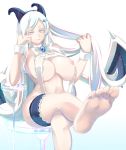  areolae bangs barefoot breasts chest_jewel choker commentary_request demon_girl demon_horns demon_wings highres horns large_breasts nipples one_breast_out original parted_bangs pointy_ears ribbon shiki_(psychedelic_g2) short_eyebrows sitting sitting_on_object slingshot_swimsuit succubus swimsuit thigh_strap white_hair white_ribbon white_swimsuit wings yellow_eyes 