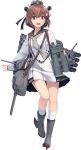  1girl binoculars brown_eyes brown_hair dress flower flower_ornament full_body grey_neckwear hair_flower hair_ornament highres kantai_collection kneehighs machinery official_art open_mouth pleated_skirt remodel_(kantai_collection) sailor_dress shizuma_yoshinori short_hair skirt smile torpedo_launcher torpedo_tubes transparent_background turret yukikaze_(kantai_collection) 