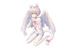  albinoraccoon all_male angel animal_ears bell blush bow catboy collar dress fang gray_hair halo male original pantyhose pointed_ears red_eyes ribbons short_hair signed tail trap white wings 