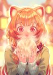  1girl abstract_background animal_ears baozi cardigan commentary commentary_request eating food highres holding holding_food long_hair minami_seira raccoon_ears raphtalia red_eyes scarf signature solo tate_no_yuusha_no_nariagari 