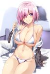  1girl absurdres bangs bare_shoulders bed bed_sheet bikini blush breasts cleavage closed_mouth clothes_down collarbone commentary_request covered_nipples eyebrows_visible_through_hair fate/grand_order fate_(series) grey_jacket groin hair_over_one_eye halterneck hand_up highres indoors jacket large_breasts legs_together looking_at_viewer mash_kyrielight navel off_shoulder on_bed open_mouth pillow pink_hair purple_eyes purple_hair short_hair shunichi sitting skindentation smile solo stomach swimsuit television thighs white_bikini white_jacket 