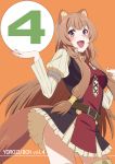  1girl :d animal_ears arm_garter bangs belt brown_belt brown_dress brown_hair commentary_request cover cover_page cowboy_shot doujin_cover dress juliet_sleeves long_hair long_sleeves looking_at_viewer open_mouth orange_background puffy_sleeves raccoon_ears raccoon_girl raccoon_tail raphtalia red_eyes short_dress shrugging smile solo standing tail tate_no_yuusha_no_nariagari yamazaki_(now_printing) 