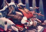  1girl aircraft airplane akagi_(azur_lane) akagi_(muse)_(azur_lane) animal_ears azur_lane between_breasts breasts brown_gloves brown_hair brown_skirt cangchen center_opening cleavage electric_guitar fox_ears full_body gloves guitar hair_between_eyes instrument large_breasts long_hair looking_at_viewer lying necktie necktie_between_breasts no_shoes on_back on_bed paintbrush pantyhose red_neckwear shirt skirt solo white_shirt 