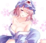  1girl ;p bare_shoulders barefoot blue_headwear blush breasts cleavage collarbone commentary_request floral_background foot_out_of_frame hair_between_eyes hat highres kneeling large_breasts looking_at_viewer mob_cap one_eye_closed pink_eyes pink_hair saigyouji_yuyuko shiranui_(wasuresateraito) short_hair signature simple_background solo tongue tongue_out touhou triangular_headpiece undressing white_background 