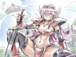  1girl armor bikini_armor boots breasts choker cleavage dragon_quest dragon_quest_iii elbow_gloves gloves helmet king_slime large_breasts long_hair looking_at_viewer navel purple_hair red_armor slime_(dragon_quest) smile soldier_(dq3) sword tukiwani weapon winged_helmet 