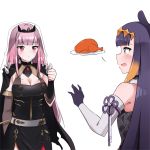  bangs black_dress black_gloves breasts cleavage detached_sleeves dress food gloves highres holding hololive hololive_english long_hair mofumancy mori_calliope multicolored_hair multiple_girls ninomae_ina&#039;nis open_mouth pink_eyes pink_hair simple_background spikes thumbs_up tiara turkey_(food) veil virtual_youtuber white_background 