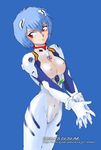  ayanami_rei bangs blue_background blue_hair blush bodysuit bracer breasts covered_navel cowboy_shot from_side gloves hair_between_eyes hair_ornament hands_together looking_away medium_breasts neon_genesis_evangelion nipples number plugsuit pubic_hair red_eyes see-through sheer_bodysuit shibata_masahiro short_hair simple_background solo turtleneck v_arms watermark web_address white_bodysuit 