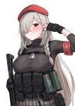  1girl absurdres armband assault_rifle bangs beret black_gloves braid breasts closed_mouth dog_tags fingerless_gloves g36c_(girls_frontline) girls_frontline gloves grey_hair gun h&amp;k_g36 hair_between_eyes hair_over_one_eye hair_ribbon harness hat highres holding holding_gun holding_weapon kuro_(zhurunbo1997) large_breasts long_hair plaid plaid_skirt pouch red_eyes red_headwear ribbon rifle side_braid skirt smoke_grenade solo sweat upper_body weapon 