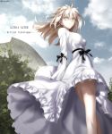  &gt;:( 1girl ahoge artoria_pendragon_(all) bare_legs black_bow blonde_hair blue_sky bow breasts character_name closed_mouth cloud day dress english_text fate/grand_order fate_(series) feet_out_of_frame foo_(pixiv54892036) frilled_dress frills from_behind highres long_hair long_sleeves looking_at_viewer looking_back medium_breasts outdoors saber_alter sky solo standing twitter_username white_dress yellow_eyes 