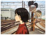  1girl black_eyes black_hair earrings glasses jewelry original outdoors photo_background railroad_crossing railroad_signal railroad_tracks red_shirt round_eyewear shirt short_hair solo tomoke 