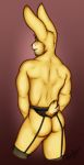  anthro back_muscles barazoku big_ears buns-n-spurs butt clothed clothing crossdressing fur hi_res lace lagomorph legwear leporid looking_at_viewer looking_back male male_focus mammal muscular muscular_anthro muscular_male presenting rabbit russell_rabbitt solo stockings stubble thick_thighs yellow_body yellow_fur 