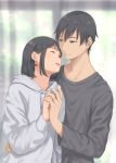  1boy 1girl arm_around_waist black_hair bob_cut closed_eyes couple earrings highres holding_hands hood hooded_sweater jewelry kyak_bamboo original ring short_hair single_earring smile sweater 