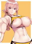  1girl bikini blush border braid breasts chaldea_lifesavers cleavage closed_mouth cocq_taichou commentary_request covered_nipples day eyebrows_visible_through_hair fate/grand_order fate_(series) florence_nightingale_(fate/grand_order) folded_ponytail large_breasts long_hair looking_at_viewer navel nipples outstretched_arms pink_hair red_eyes simple_background skindentation solo swimsuit underboob upper_body wet white_border yellow_background yellow_bikini 