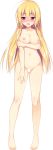  1girl absurdres ahoge arm_grab artist_request bangs barefoot blank_censor blonde_hair blush breasts censored collarbone completely_nude copyright_request eyebrows_visible_through_hair full_body highres large_breasts long_hair looking_away navel nipples nose_blush nude open_mouth pussy red_eyes sweatdrop transparent_background 