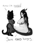  absurd_res aged_down animal_humanoid anthro begging big_butt butt cat_humanoid cat_tail dark_lips daughter domestic_cat dragon dragon_horns dragon_humanoid dragon_tail duo english_text felid felid_humanoid feline feline_humanoid felis female fur furry_arms furry_legs hi_res horn humanoid humanoid_pointy_ears hungry loinsavage mammal mammal_humanoid monochrome mother mother_and_child mother_and_daughter parent parent_and_child paws pupils scales slit_pupils text wide_hips 