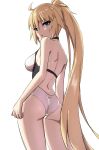  1girl ass back bangs blonde_hair blue_eyes breasts elfenlied22 fate/grand_order fate_(series) highres jeanne_d&#039;arc_(fate)_(all) jeanne_d&#039;arc_(swimsuit_archer) long_hair looking_at_viewer looking_back number ponytail swimsuit thighs very_long_hair white_swimsuit 