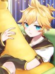  1boy angry arm_warmers banana bass_clef black_collar blonde_hair blue_eyes collar commentary couch curtains food fruit headphones headset highres holding holding_food holding_fruit holding_toy indoors kagamine_len leg_warmers looking_at_viewer male_focus nail_polish pouty_lips sailor_collar school_uniform shirt short_ponytail short_sleeves sitting solo soramame_pikuto spiked_hair star_(symbol) star_ornament stuffed_toy toy v-shaped_eyebrows vocaloid white_shirt yellow_nails 
