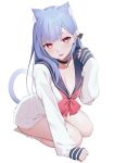  1girl animal_ear_fluff animal_ears bell bell_choker blue_hair breasts cat_ears cat_tail choker cleavage eyebrows_visible_through_hair full_body hair_ornament hairclip highres jingle_bell kneeling kuen_(kuennn12) large_breasts leaning_forward long_hair long_sleeves looking_at_viewer open_mouth original red_eyes sailor_collar sailor_shirt seiza shirt sidelocks simple_background sitting sleeves_past_wrists socks solo tail white_background 