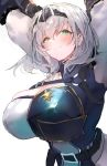  1girl absurdres arms_up bangs blush breasts cleavage eyebrows_visible_through_hair green_eyes hair_between_eyes highres hinata_(hinata-ur) hololive hololive_fantasy huge_breasts looking_at_viewer shirogane_noel short_hair silver_hair smile solo virtual_youtuber 