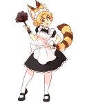  1girl :d alternate_costume animal_ears blonde_hair commentary english_commentary enmaided extra_ears feather_duster full_body kemono_friends looking_at_viewer maid maid_headdress open_mouth puffy_short_sleeves puffy_sleeves rtil serval_(kemono_friends) serval_ears serval_tail short_hair short_sleeves simple_background smile solo tail white_background wrist_cuffs yellow_eyes 