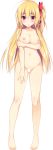  1girl absurdres ahoge arm_grab artist_request bangs barefoot blank_censor blonde_hair blush breasts censored collarbone completely_nude copyright_request eyebrows_visible_through_hair full_body highres large_breasts long_hair looking_at_viewer navel nipples nude one_side_up red_eyes smile transparent_background 