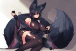  1girl alcohol animal_ear_fluff animal_ears black_dress black_hair blue_eyes bottle breasts cup dress eyebrows_visible_through_hair fox_ears fox_tail hair_between_eyes highres holding holding_bottle holding_cup huge_breasts japanese_clothes kiri_(sub-res) leaning_to_the_side long_tail one_eye_closed original sake sake_bottle sitting skindentation smile sub-res tail thighhighs wide_sleeves 