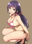  1girl bikini black_footwear breasts brown_background clenched_teeth deyuuku eyebrows_visible_through_hair hair_ornament hair_scrunchie jewelry large_breasts long_hair looking_at_viewer love_live! love_live!_school_idol_project low_twintails necklace purple_eyes purple_hair red_bikini red_scrunchie scrunchie shoes side-tie_bikini simple_background smile solo squatting swimsuit teeth toujou_nozomi twintails 