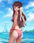  1girl ass bangs beach bikini boat breasts brown_hair dayshiart english_commentary eyebrows_visible_through_hair hand_on_own_thigh highres kanojo_okarishimasu long_hair looking_at_viewer looking_back medium_breasts mizuhara_chizuru mountain ocean open_mouth pink_bikini sailboat solo summer sunlight swimsuit watercraft 