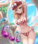  1girl arm_behind_head arm_up bangs bikini blonde_hair blue_eyes blush cappy_(mario) dayshiart eyebrows_visible_through_hair gloves hat highres holding_own_arm hololive hololive_english looking_at_viewer looking_down mario_(series) medium_hair mushroom musical_note nervous pink_eyes polka_dot polka_dot_bikini red_headwear single_glove solo super_mario_odyssey swimsuit virtual_youtuber water waterfall watson_amelia white_gloves 