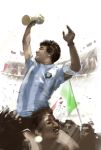  1986_fifa_world_cup 6+boys armband black_hair carrying celebration crowd diego_maradona flag highres lifting_person light_rays looking_at_another miyagi1977 multiple_boys object_on_head real_life short_hair shoulder_carry smile soccer soccer_uniform sportswear stadium trophy world_cup 