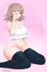  1girl bottomless breasts brown_hair cleavage curvy danganronpa fraankyy highres large_breasts looking_at_viewer messy_hair nanami_chiaki navel open_mouth pink_eyes rubbing_eyes short_hair sitting stomach tank_top thick_thighs thighhighs thighs 