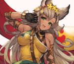  1girl :d animal_ears arm_up bangs black_gloves blush breasts cat_ears dark_skin dark_skinned_female erune eyebrows_visible_through_hair fang feathers flower gloves granblue_fantasy green_eyes grey_hair hair_feathers hair_flower hair_ornament highres koretsuki_azuma large_breasts long_hair looking_at_viewer nemone open_mouth sideboob simple_background smile solo upper_body white_background yellow_flower 