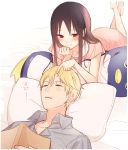  1boy 1girl artist_name bangs bed bed_sheet black_hair blonde_hair blush book closed_mouth collar collarbone collared_shirt commentary_request dress eyebrows_visible_through_hair grey_shirt hair_between_eyes highres juugonichi_(wheeliex2) kaguya-sama_wa_kokurasetai_~tensai-tachi_no_renai_zunousen~ looking_back lying on_back open_book parted_bangs parted_lips pillow pink_dress playing_with_another&#039;s_hair red_eyes shinomiya_kaguya shirogane_miyuki shirt short_hair short_sleeves sidelocks signature simple_background sleeping smile stuffed_animal stuffed_penguin stuffed_toy toy translated upper_body white_background 