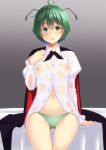  1girl ahoge antennae bed blush breasts cameltoe cape ebi_193 eyebrows_visible_through_hair green_eyes green_hair green_panties grey_background groin looking_at_viewer navel nipples no_bra on_bed open_mouth panties see-through shiny shiny_hair shiny_skin shirt short_hair simple_background sitting small_breasts solo teeth touhou underwear upper_teeth wet wet_clothes white_shirt wriggle_nightbug 
