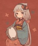  1girl alternate_costume bokukawauso commentary_request cowboy_shot floral_print green_eyes grey_hair japanese_clothes kantai_collection kimono long_hair looking_at_viewer low_twintails mikura_(kantai_collection) otter red_background sitting twintails wss_(nicoseiga19993411) 