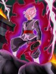  1boy absurdres aura belt black_pants black_shirt boots building commentary dark_sky debris dougi dragon_ball dragon_ball_super dragon_ball_z_dokkan_battle earrings energy energy_weapon english_commentary fire flip-flops frown glaring gloves glowing goku_black highres holding holding_clothes holding_footwear jewelry long_sleeves looking_at_viewer male_focus meme mixed-language_commentary pants pink_hair potara_earrings red_belt sandals shirt single_earring solo spanish_commentary super_saiyan super_saiyan_rose thunder white_footwear white_gloves zwaka6 
