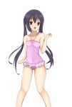  absurdres black_hair blush eyebrows_visible_through_hair frilled_swimsuit frills highres k-on! long_hair nakano_azusa one-piece_swimsuit open_mouth pink_swimsuit smile swimsuit twintails white_background yasuc 