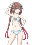  1girl armpits artist_name asagumo_(kantai_collection) bangs blue_bra blue_panties bra breasts brown_hair collarbone commentary_request contrapposto cowboy_shot eyebrows_visible_through_hair hair_ribbon hand_on_hip highres kantai_collection long_hair looking_at_viewer navel panties ribbon salute silver_eyes simple_background small_breasts smile solo standing t2r training_bra twintails underwear underwear_only white_background 