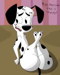  101_dalmatian_street 101_dalmatians 4:5 absurd_res big_butt black_nose blush butt canid canine canis colossalstars dalmatian dawkins_(101_dalmatians) disney domestic_dog feral fur grass hi_res male mammal pawpads shaded shy solo spots spotted_body spotted_fur tree 