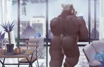  2020 alvin_(mamaduo) anthro back_muscles backsack balls beverage biped blue_sky butt chair chandelier coffee coffee_mug day detailed_background furniture genitals hair hi_res male mamaduo mammal muscular muscular_anthro muscular_male nude perineum plant rear_view short_hair sky solo table ursid 
