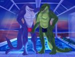  4:3 abdominal_bulge anthro beach blue_body blue_skin clothing crocodile crocodilian crocodylid duo fish frottage genitals green_body looking_at_viewer male male/male marine muscular reptile scalie sea seaside sex shark swimming_pool swimwear tongue water weso 