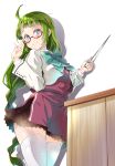  1girl bespectacled blue_neckwear bow bowtie braid glasses green_hair halterneck highres holding holding_pointer imu_sanjo kantai_collection long_hair long_sleeves mole mole_under_mouth pointer red-framed_eyewear school_uniform shirt single_braid smile solo thighhighs very_long_hair white_legwear white_shirt yuugumo_(kantai_collection) 