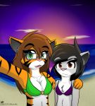  anthro beach bikini clothing domestic_cat duo eyewear felid feline felis female glasses hair hanna_(jknewlife) hazel_silvia hi_res jknewlife mammal pantherine seaside sunset swimwear tiger 